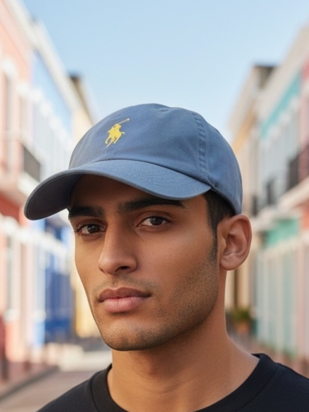 Ralph Lauren Blue Polo Hat Cap Leather Back Strap Yellow Embroidered Pony
